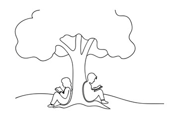 Two Children Reading Books Underneath a Large Tree Outdoors