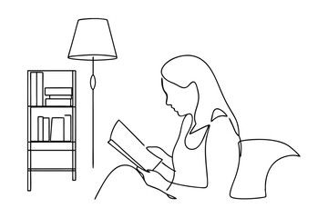 Woman Reading Book in Cozy Home Library Setting, One Line Art © Rita