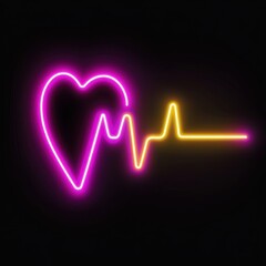 Neon heart and heartbeat design in vibrant pink and yellow colors against a dark background.