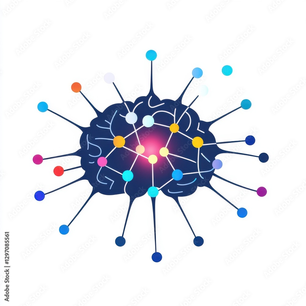 Poster abstract illustration of a colorful brain with connected nodes representing neural networks and crea