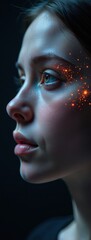 Intriguing Female Portrait with Digital Interface Overlay. Perfect for projects related to artificial intelligence, digital identity, futuristic technology, data interfaces