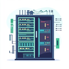 A sleek, modern server rack with illuminated panels and cables, showcasing essential tech infrastructure.