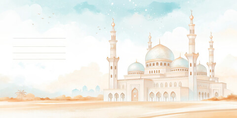 Naklejka premium Watercolor Illustration Of A Majestic Mosque In A Tranquil Desert Landscape With Space For Text. Perfect For Ramadan, Islamic Celebrations, Greeting Cards, And Religious Events.