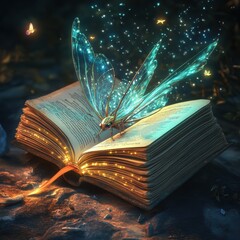 Enchanted butterfly emerges from glowing book in a magical forest setting at twilight