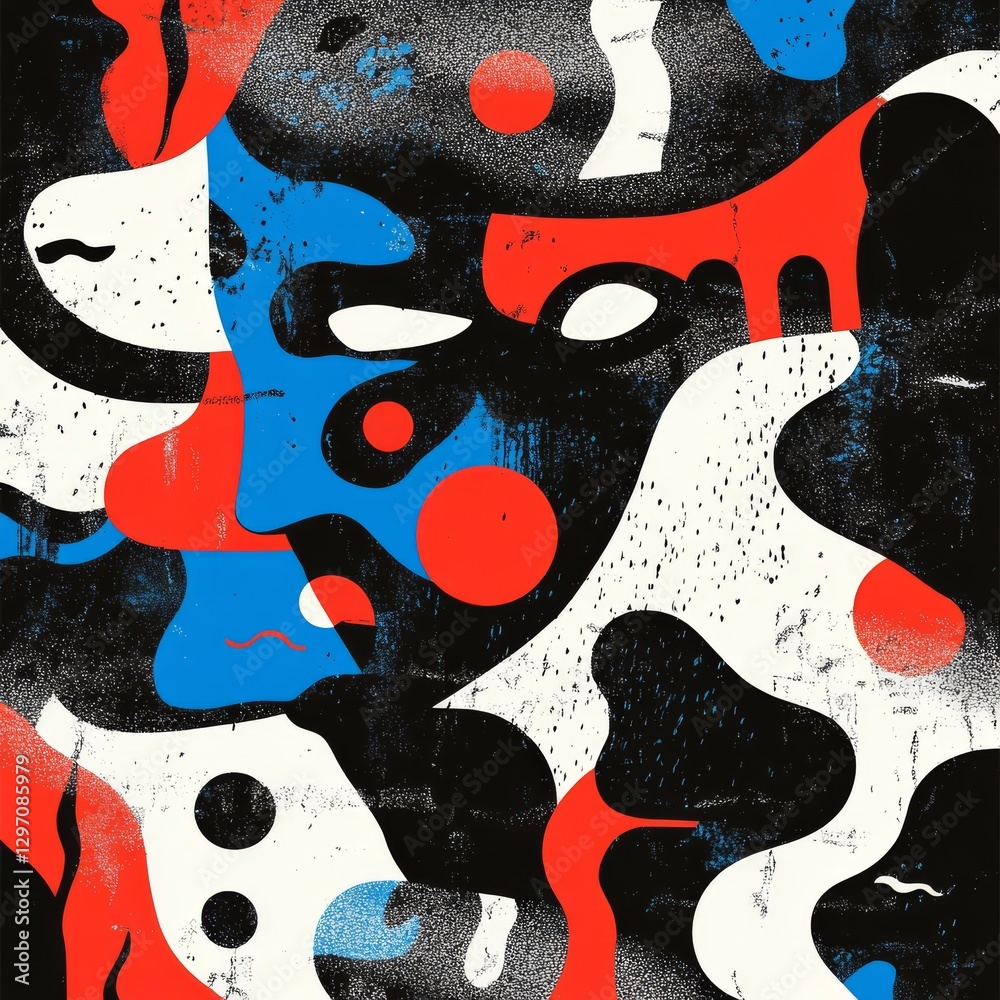 Poster Abstract Composition: A Textured Interplay of Geometric Shapes and Bold Colors in Modern Art Style