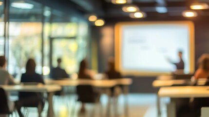 Blurred Classroom with Presenter and Screen
