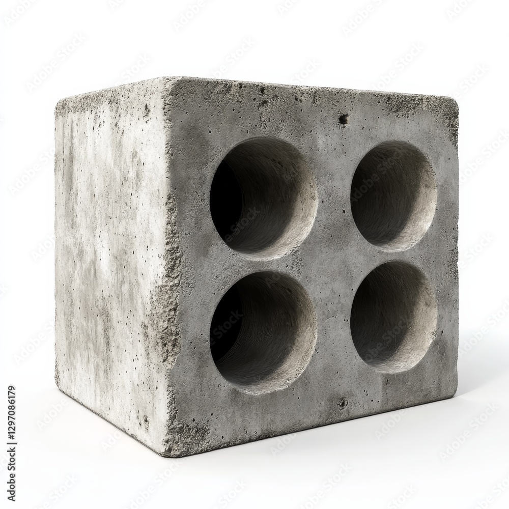 Poster concrete block with four cylindrical holes: architectural element for modern construction projects