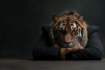 Businessman with tiger head wears dark suit and accessories in studio setting, showcasing unique concept of power and elegance