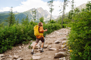 
Female hiker with hiking backpack and trekking poles climbing rocky path with mountains in...