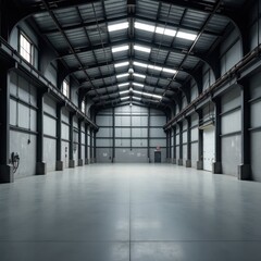 Vast Empty Warehouse with Arched Roof and Skylights. For websites, presentations, or articles about urban development, industrial architecture, storage solutions