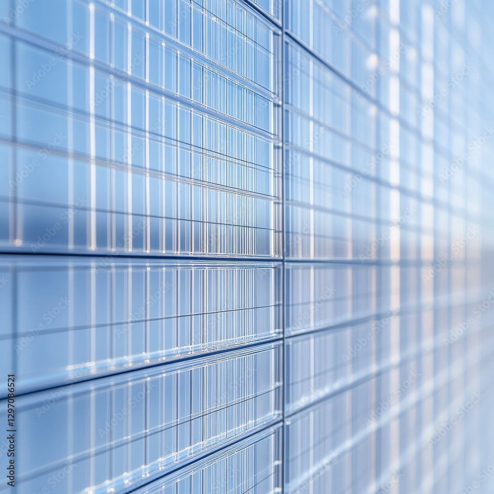 Poster reflections on modernity: a close-up view of glass facade on a contemporary building, showing the in