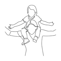 SingleLine Drawing Child Sitting on Parents Shoulders, Happy Family Fun