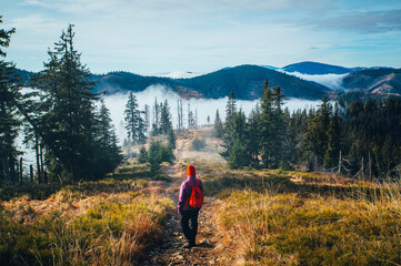 Female hiker on Touristic trail in carpathian mountains covered in fog, Low Tatras in Slovakia, gloomy autumn mood, vintage colors.
