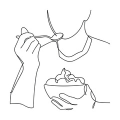 One line drawing of person enjoying creamy dessert spoon
