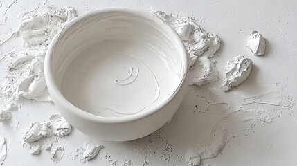 White ceramic bowl with plaster residue on a textured surface