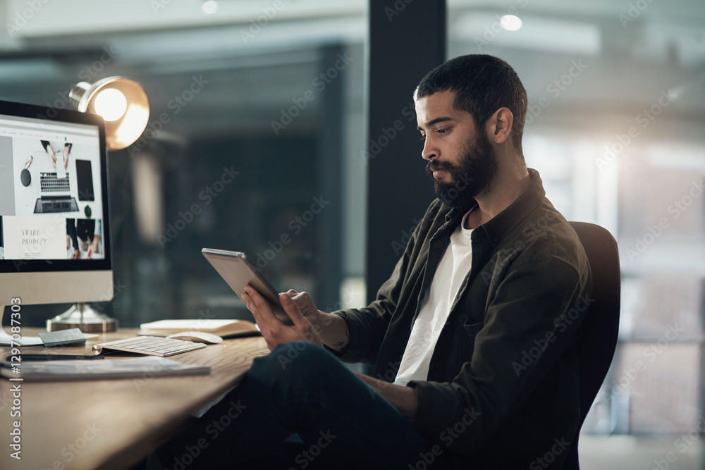 Fototapete Research, tablet and typing with business man in office for smart product launch, reading and developer. Idea, tech sales and planning with person in agency for iot specialist and software engineer