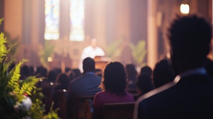 Church Interior with Congregation and Speaker at Podium