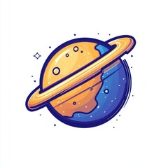 A colorful illustrated planet with rings, featuring a blend of orange and blue hues, surrounded by stars.