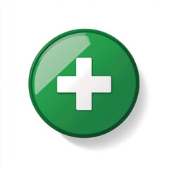 Obraz premium A glossy green circular icon featuring a white plus sign in the center, symbolizing health and medical assistance.