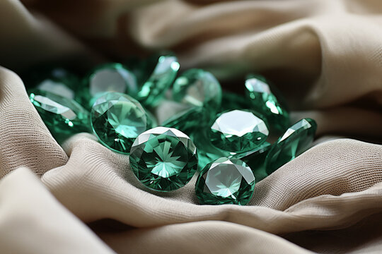 Green gems on pleated fabric. Emeralds on a light background.