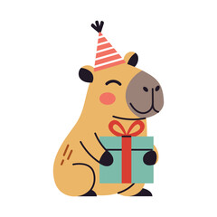 Cute capybara character at a birthday event with gift. Flat vector clipart perfect for holiday decor and charming graphic elements.