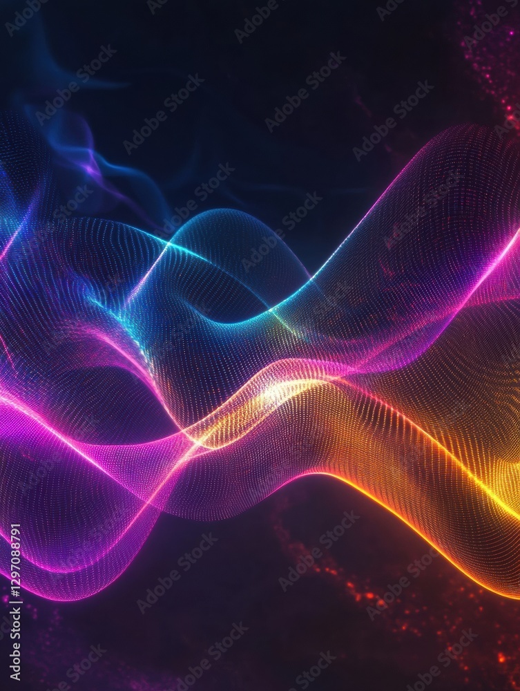 Poster Colorful wave patterns create a mesmerizing visual experience in a dark background setting. Generative AI