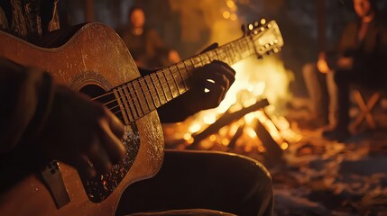 Guitar player near a campfire, symbolizing outdoor music and camaraderie. Great for camping, music festivals, and storytelling projects.