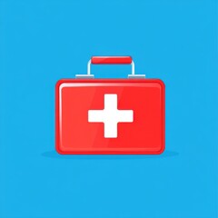 Obraz premium Red first aid kit with white cross symbol on a bright blue background.