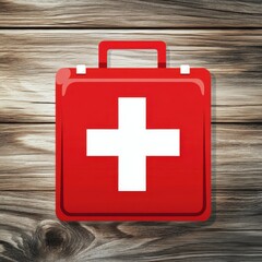 Obraz premium Red first aid kit on a wooden surface, symbolizing safety and emergency preparedness.