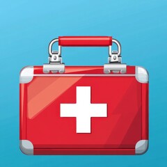Obraz premium Bright red first aid kit with a white cross symbol, set against a calming blue background.