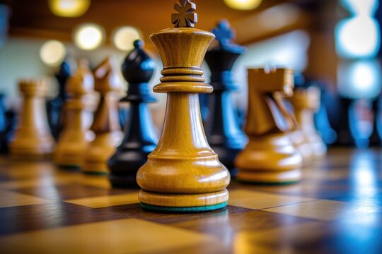 A close-up shot of chess pieces arranged on a board