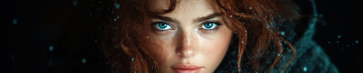 Obraz premium Woman with striking blue eyes and curly hair gazes intently at the camera in a moody setting