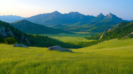 Obraz premium Mountain valley sunrise, green meadow, scenic landscape, nature wallpaper