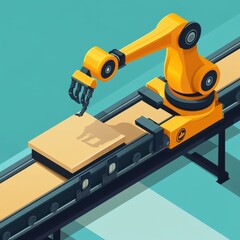 Fototapeta premium An industrial robotic arm in yellow efficiently handling packages on a conveyor belt.