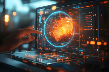 Hand interacting with a futuristic digital interface displaying a glowing holographic globe, symbolizing global connectivity, cybersecurity, and advanced technology