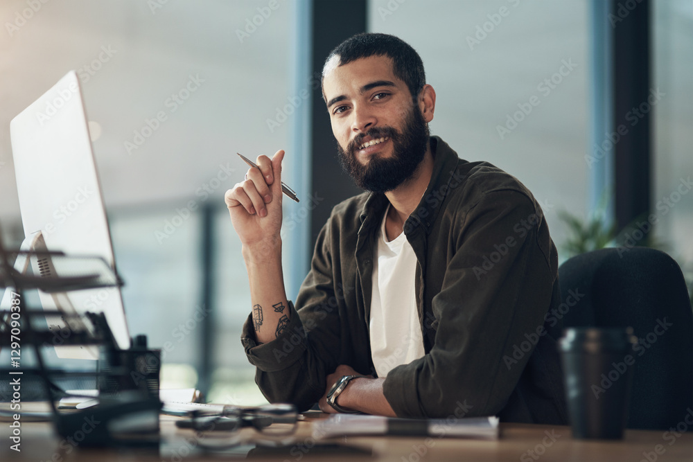 Aufkleber portrait, research and computer with business man in office for schedule, planning and editor feedba