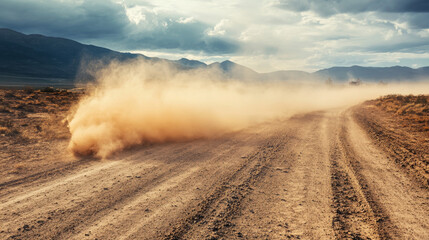 A dusty sand cloud kicked up by a speeding vehicle on a rugged road, leaving behind a scattered trail. Transparent, realistic vector stock illustration