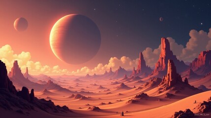 A vast desert planet with floating rock formations, shimmering bioluminescent dust dunes, and a giant gas planet in the sky, all captured in detailed Vector Art.
