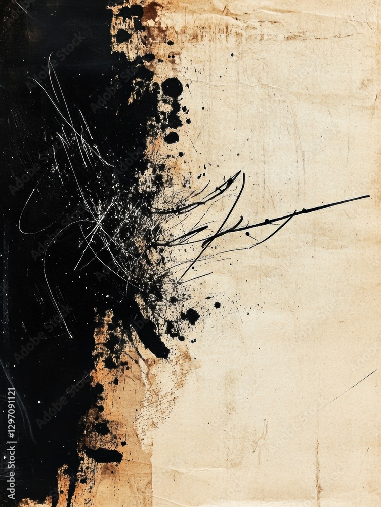 Fototapete Abstract artwork featuring contrasting textures of black and beige with expressive lines and splashes of paint. Generative AI