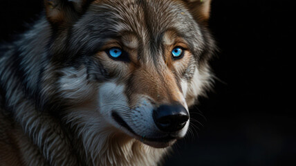 Obraz premium A Close Up Of Wolf With Blue Eyes And Black Background