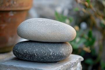 A natural landscape with three small rocks balanced on top of a larger one