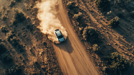 A swirling dust cloud kicked up by a moving car on a rugged road, captured from a top-down perspective.