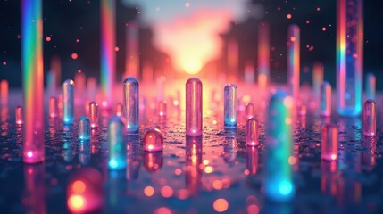 A vast field of floating prisms catches the ambient light, refracting Vector Art it into cascading rainbows that shimmer and dissolve into the void.