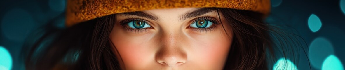 Obraz premium Woman with striking blue eyes gazing directly at the viewer with a warm hat on during an evening setting