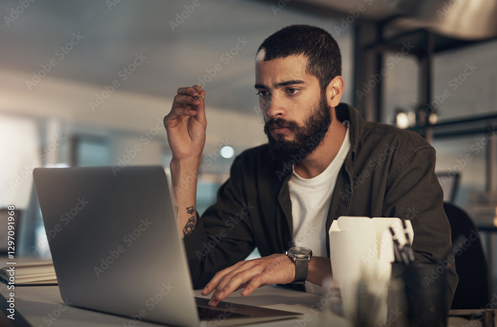 Poster creative, man and annoyed with laptop at desk in office for overtime, deadline or mistake. thinking,