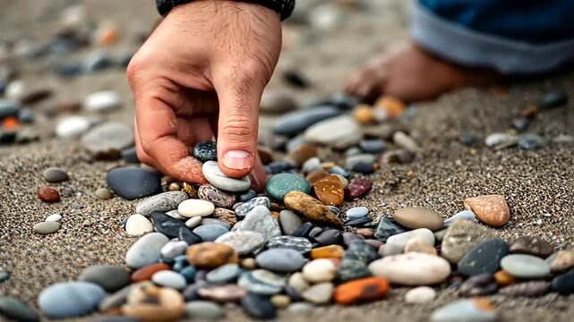A person carefully selecting colorful pebbles from a sandy beach on a sunny day