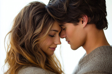 A couple isolated on a white background, clean and romantic, everyday scene.