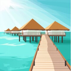 Fototapeta premium Serene water bungalows on a sunny day, reflecting tranquility and natural beauty.