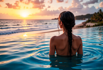 mujer disfrutando sus vacaciones en la piscina del hotel
