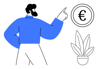 Person pointing towards a Euro symbol, next to a potted plant. Ideal for finance, investment, savings, economic growth, business strategy, personal finance, entrepreneurship abstract line flat
